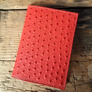 Porte passeport en cuir imitation grain d'autruche de couleur rouge orangé. Présenté fermé. Couture blanche
